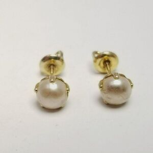 Vintage Little Faux Pearl Studs with Screw On Backs, Gold Tone Setting, Estate